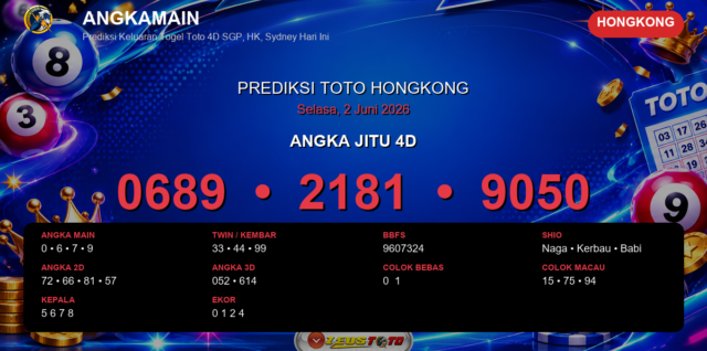 Prediksi togel Hongkong hari ini lengkap 2D 3D 4D 2 Juni 2026