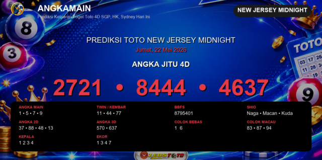 Prediksi togel New Jersey Midnight hari ini lengkap 2D 3D 4D 22 Mei 2026