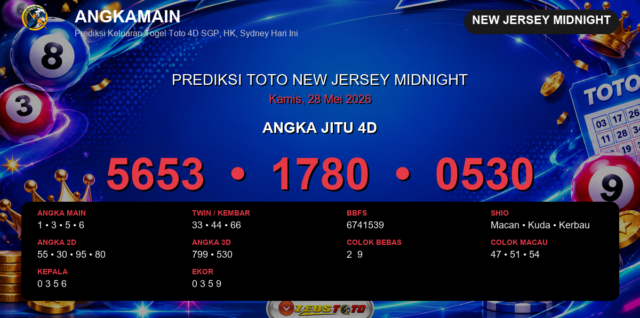 Prediksi togel New Jersey Midnight hari ini lengkap 2D 3D 4D 28 Mei 2026