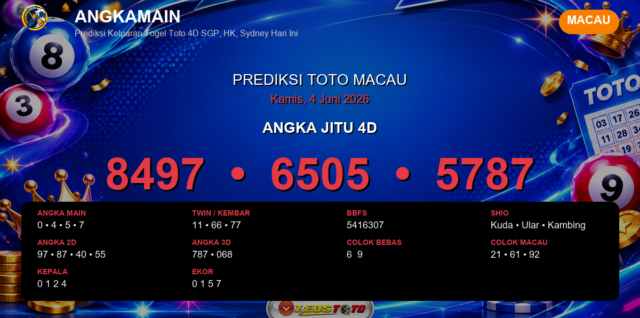 Prediksi togel Macau hari ini lengkap 2D 3D 4D 4 Juni 2026
