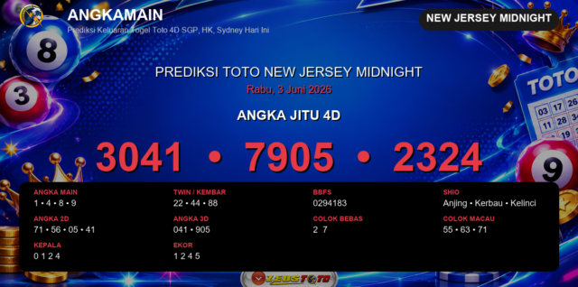 Prediksi togel New Jersey Midnight hari ini lengkap 2D 3D 4D 3 Juni 2026