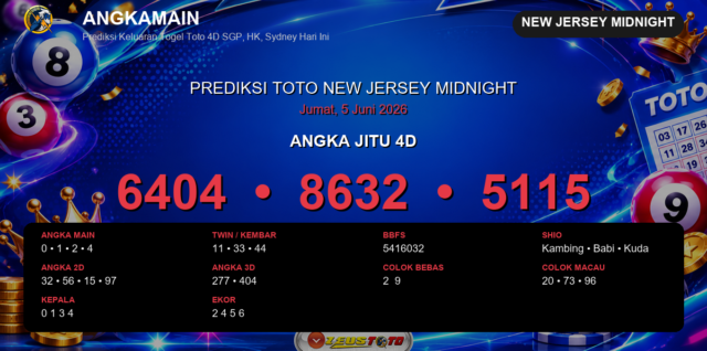 Prediksi togel New Jersey Midnight hari ini lengkap 2D 3D 4D 5 Juni 2026