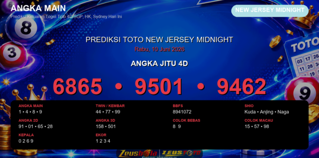 Prediksi togel New Jersey Midnight hari ini lengkap 2D 3D 4D 10 Juni 2026