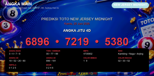 Prediksi togel New Jersey Midnight hari ini lengkap 2D 3D 4D 25 Juni 2026