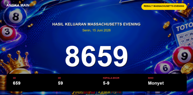Result Massachusetts Evening hari ini 15 Juni 2026 angka 8659