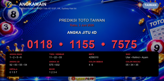 Prediksi togel Taiwan hari ini lengkap 2D 3D 4D 3 Juni 2026