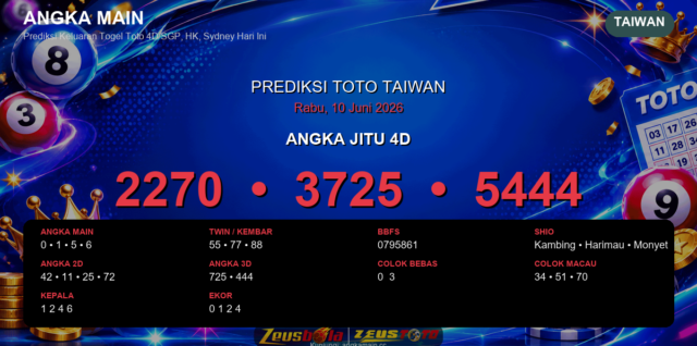 Prediksi togel Taiwan hari ini lengkap 2D 3D 4D 10 Juni 2026