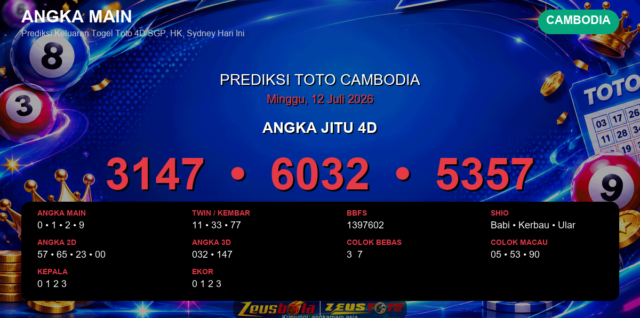 Prediksi togel Cambodia hari ini lengkap 2D 3D 4D 12 Juli 2026