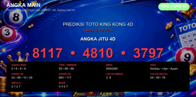Prediksi togel King Kong 4D hari ini lengkap 2D 3D 4D 2 Juli 2026