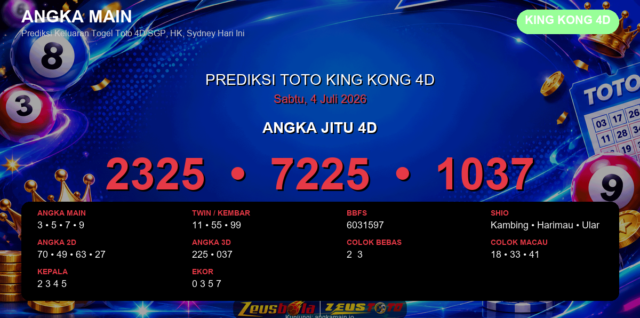 Prediksi togel King Kong 4D hari ini lengkap 2D 3D 4D 4 Juli 2026