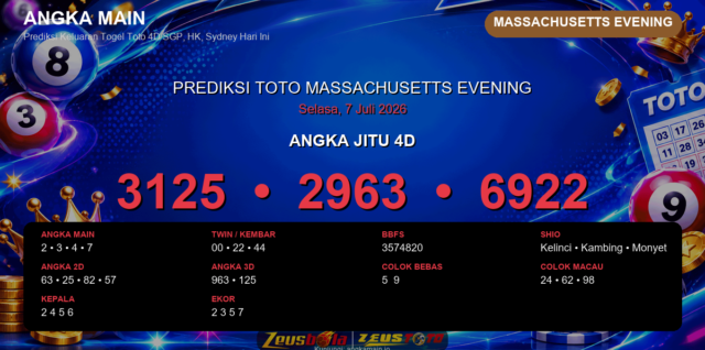 Prediksi togel Massachusetts Evening hari ini lengkap 2D 3D 4D 7 Juli 2026