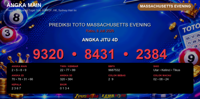 Prediksi togel Massachusetts Evening hari ini lengkap 2D 3D 4D 8 Juli 2026