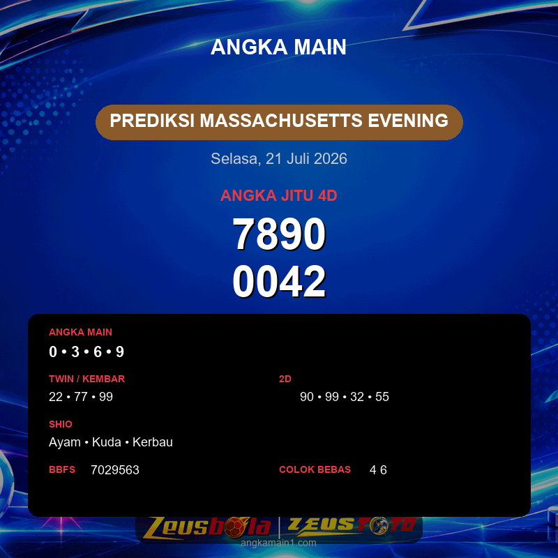 Prediksi togel Massachusetts Evening hari ini lengkap 2D 3D 4D 21 Juli 2026