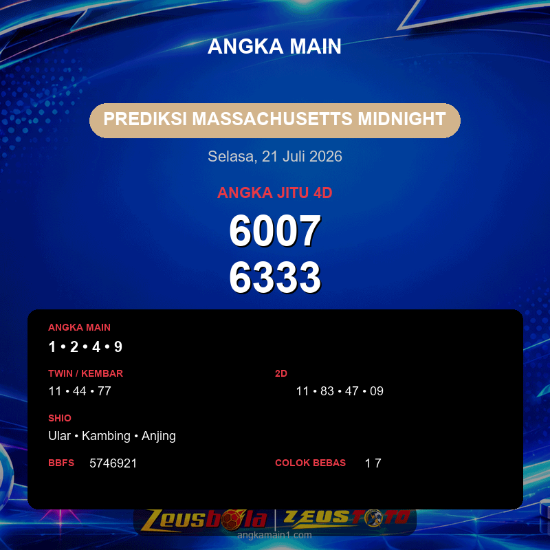 Prediksi togel Massachusetts Midnight hari ini lengkap 2D 3D 4D 21 Juli 2026