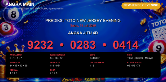 Prediksi togel New Jersey Evening hari ini lengkap 2D 3D 4D 18 Juli 2026