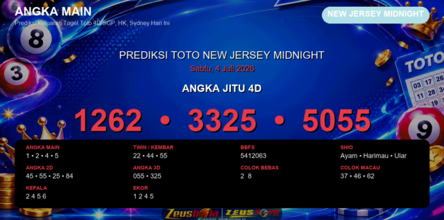 Prediksi togel New Jersey Midnight hari ini lengkap 2D 3D 4D 4 Juli 2026