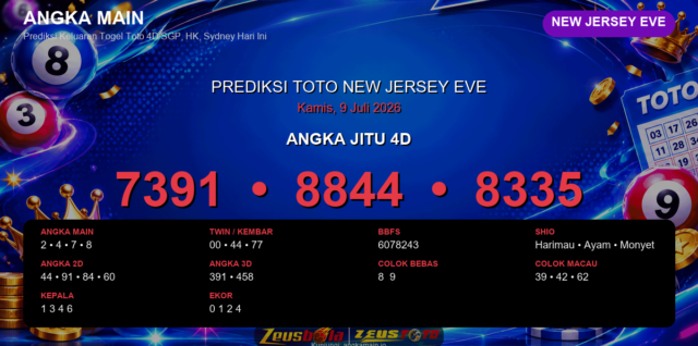 Prediksi togel New Jersey EVE hari ini lengkap 2D 3D 4D 9 Juli 2026