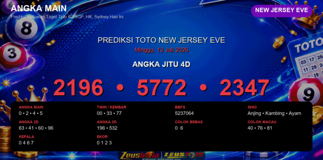 Prediksi togel New Jersey EVE hari ini lengkap 2D 3D 4D 12 Juli 2026
