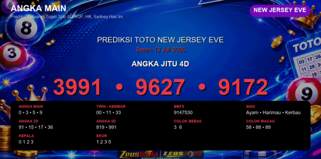 Prediksi togel New Jersey EVE hari ini lengkap 2D 3D 4D 13 Juli 2026