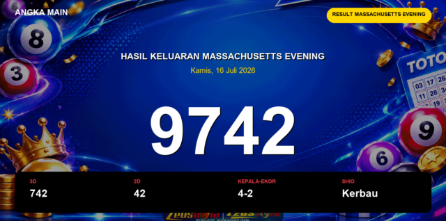 Result Massachusetts Evening hari ini 16 Juli 2026 angka 9742